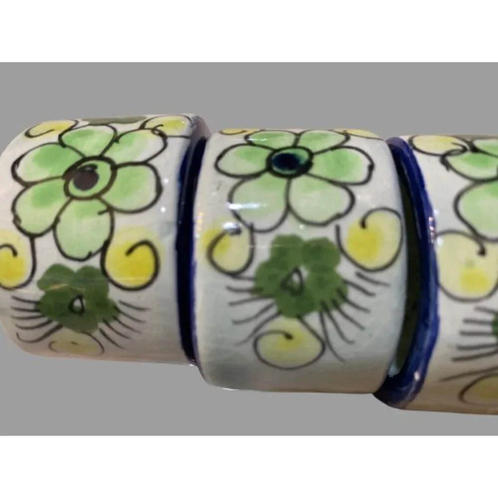 Set of 4 Made in Mexico Tonala Green Floral Hand Painted Napkin Rings